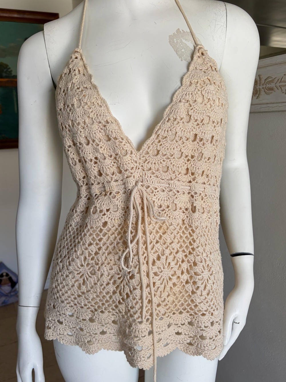 Vintage Newport News Cream Crochet Knit Halter Top Size L